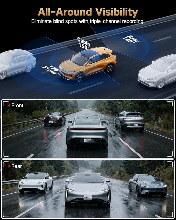 4K Dash Cam Front and Rear Inside, 3-Channel Cars Camera Dash with 170° Wide Angle, Free 64GB SD Card, 5.8GHz WiFi, Night Vis
