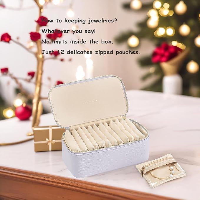 VLANDO Travel Jewelry Box Organizer – Portable PU Leather Jewelry Case with 6/8/12 Zippered Pouches, Compact Storage for Earr