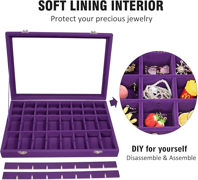 Vicoter Velvet Jewelry Tray 48 Compartments Jewelry Display Organizer with Transparent Cover Rings, Earrings, Necklaces, Pend
