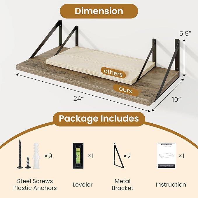 Deep Floating Shelves,24" Wx10 D Floating Shelf for Wall Set of 2,Hanging Storage Shelf with Metal Brackets,Wide Display Wall