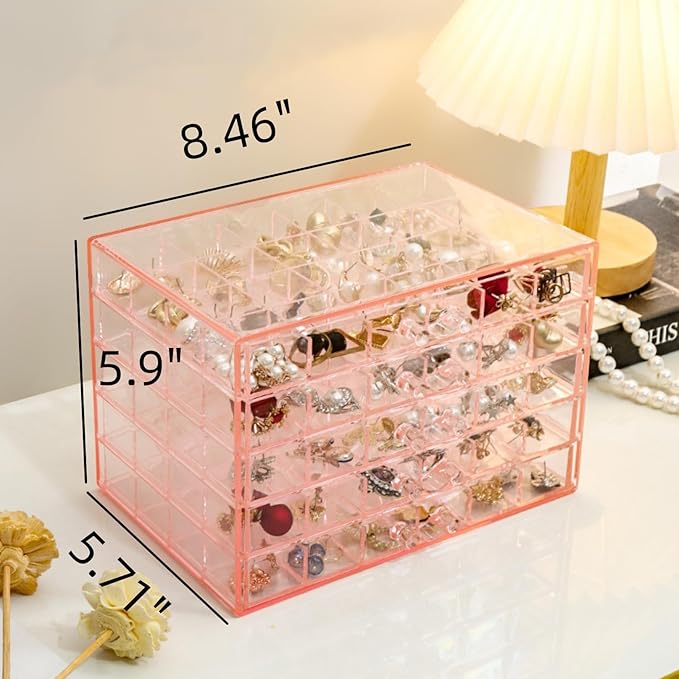 Feadily Acrylic Jewelry Organizer Box, Jewelry Drawer Organizer With 5 Drawers 120 Grids, Pink