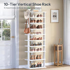 HOOBRO 10 Tiers Vertical Shoe Rack, Wooden Shoe Storage Organizer with Hooks, Narrow Shoe Tower for 20 Pairs, Space Saving, f