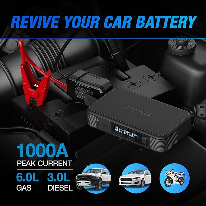Type S Dynamic Light DL20 1000A Car Battery Jump Starter 12V 6L Gas 3L Diesel LCD Display, Car Jumper Starter Portable Charger, Jump Box, Power Bank, Emergency Hazard Lights, UL Listed - Black