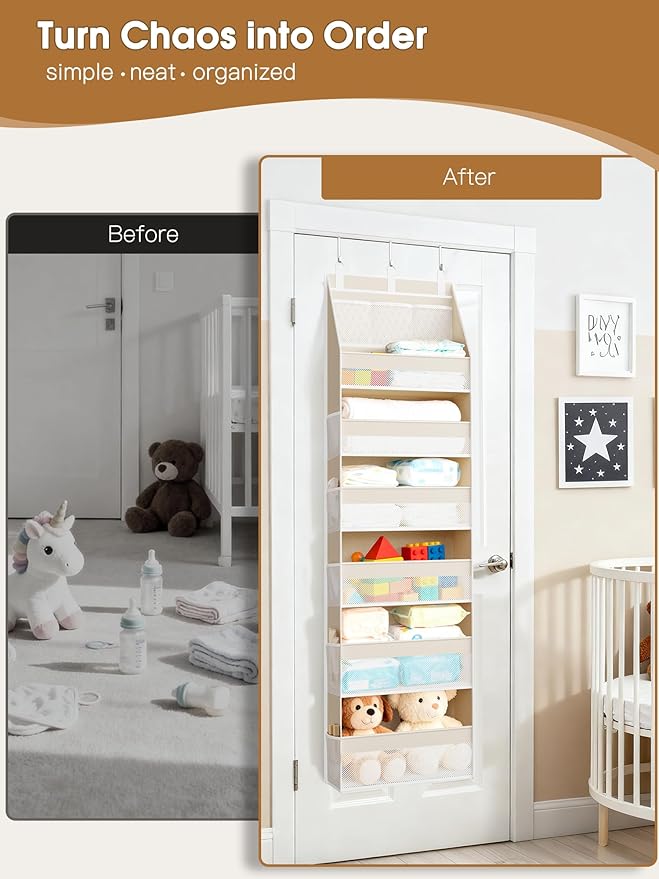 Criusia Over the Door Organizer, 6-Shelf Closet Hanging Storage with 13 Mesh Pockets, 55lbs Capacity Behind the Door Storage 