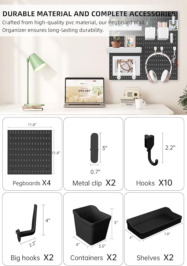 Wall Organizer Peg Board - Elevate And Declutter Your Gaming And Office - Create A Perfectly Structured Space(Black)