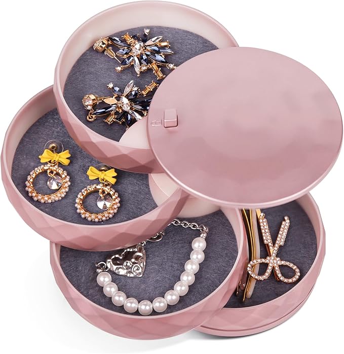 CONBOLA Travel Jewelry Case Box, Small Jewelry Organizer Earring Holder for Women, 5-Layer Rotating Jewelry Storage Tray with