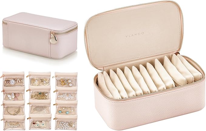 VLANDO Travel Jewelry Box Organizer – Portable PU Leather Jewelry Case with 6/8/12 Zippered Pouches, Compact Storage for Earr
