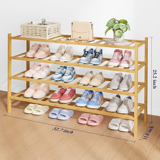 Kitsure Bamboo Wooden Shoe Rack for Closet - Stackable Shoe Organizer with Modular Structure, Space-Saving Shoe Shelf for Ent