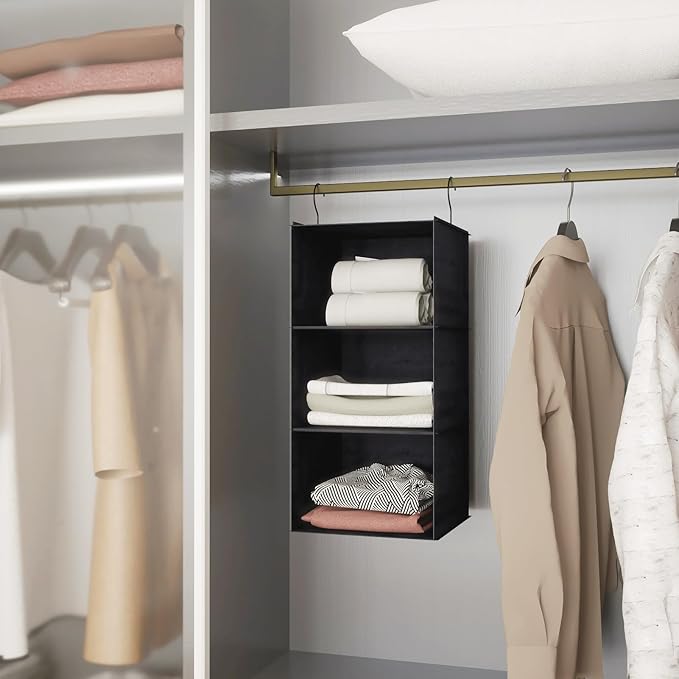 Hanging Closet Organizer - 3-Shelf, Easy Mount Foldable Wardrobe Storage Shelves for Clothes, Handbags, Shoes & Accessories -
