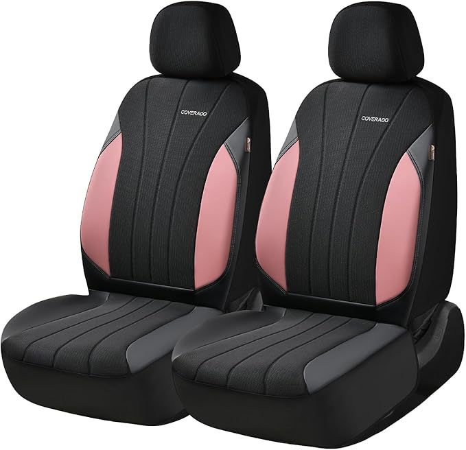 Coverado Automotive Seat Covers Front Seats, Luxury Car Seat Covers, Leather Seat Covers 2-Pack, Mesh Design, Pink Driver Sea
