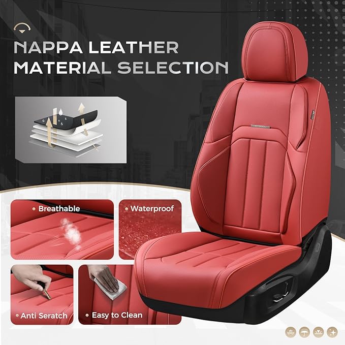 Coverado Car Seat Covers Front Set, Luxury Nappa Leather Seat Covers Universal Fit Waterproof Non-Slip Breathable Automotive 