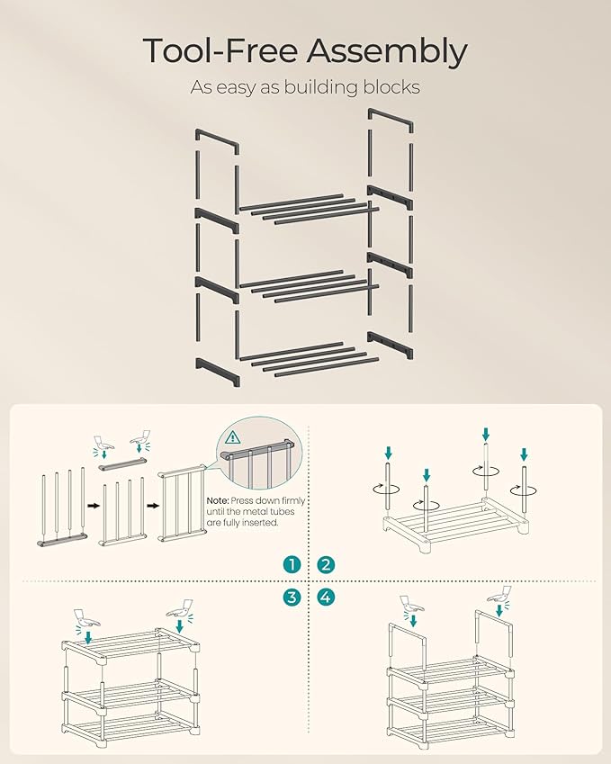 SONGMICS Shoe Rack, 3-Tier Shoe Organizer, Metal Storage Shelf, Upright or Upside Down, for 4-8 Pairs, Stackable, for Entrywa