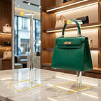 2 Pack Acrylic Handbag Display Stand, Gold Trim Clear Purse Holder 14"-24" Adjustable Height Thicken Anti-slip Base, Purse Ra