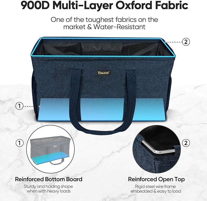 BALEINE Extra Large Utility Tote Bag with Reinforced Wire Frame, Reusable Grocery Bag for Shopping, Picnic (Blue, 22''x12''x10'')