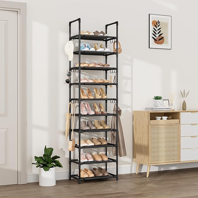 VTRIN 10 Tiers Tall Shoe Rack Holds 20-25 Pairs of Shoes Sturdy Vertical Shoe Organizer with 18pcs Hooks Stackable Narrow Sho
