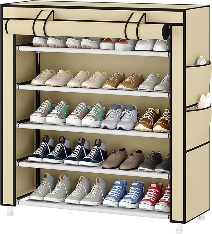 Laiensia 5-Tier Vertical Shoe Rack Organizer, Space Saving Shoe Storage Organizer, Non-Woven Cover Shoe Shelf Holds 20-25Pair