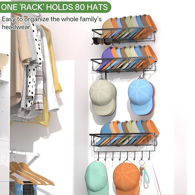 DTUQYX 3 Pack Hat Rack for Wall - Hat Organizer for Baseball Caps Wall Mounted Space Saving Hat Shelf for Hats, Caps, Scarves