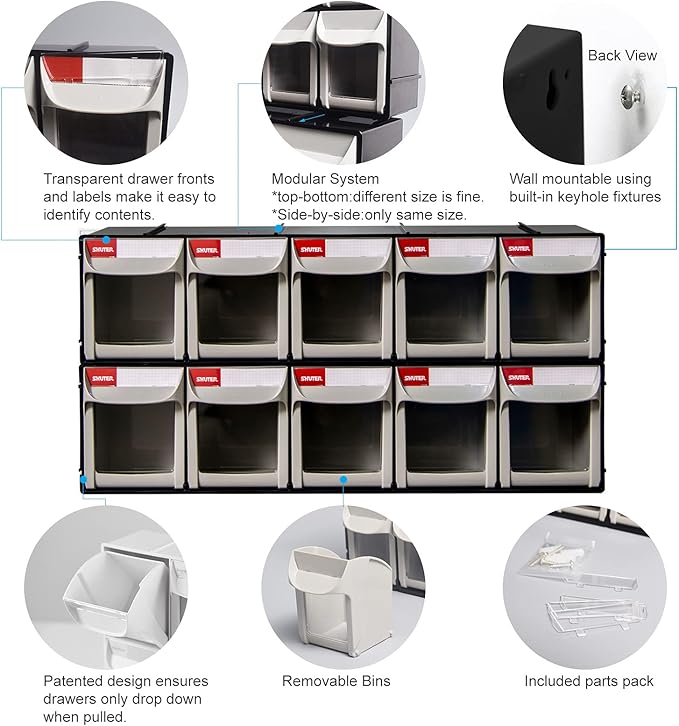 SHUTER Plastic Small Parts Organizer, Dental Tilt out Storage Container System, Tip Out bin for screws, nuts, small tools, Ki