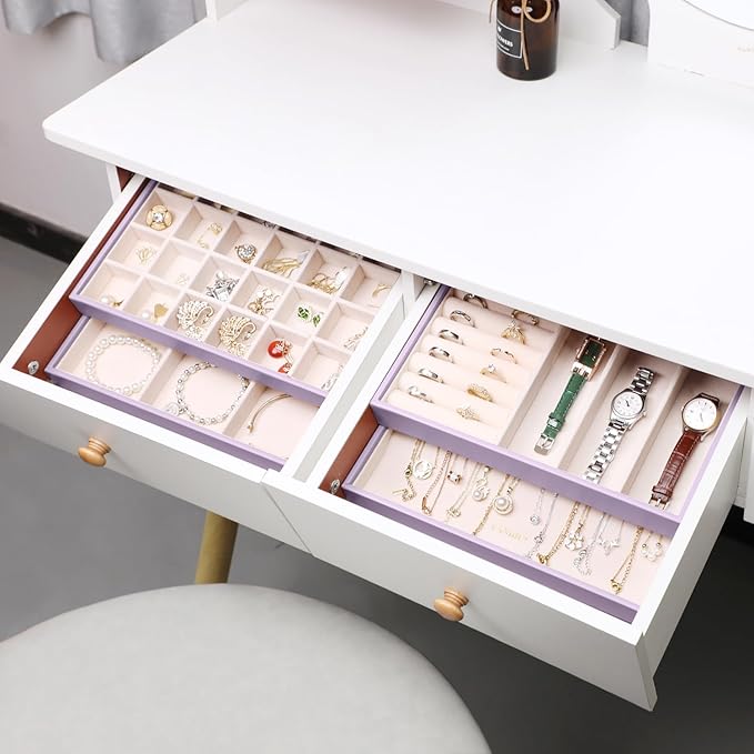 LANDICI Stackable Jewelry Organizer Trays 4 Set,PU Leather Jewelry Organizer Drawer,Jewelry Storage Display Tray for Earring 