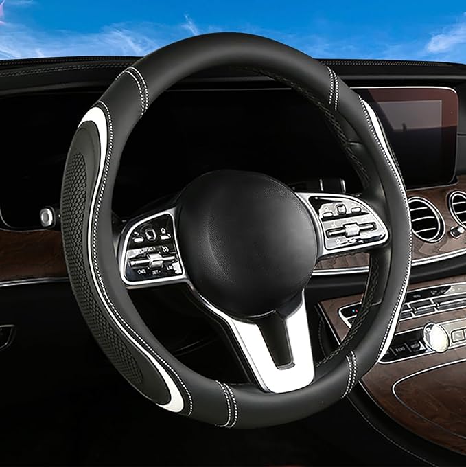 Leather Splicing Black White Car Steering Wheel Cover,14.5-15 Inch Universal Microfiber Leather Covers Breathable Anti-Slip O