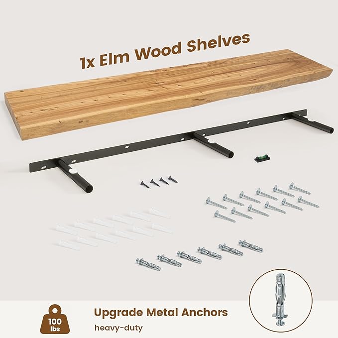 Live Edge Elm Floating Shelves for Wall Decor, Rustic Solid Wood Shevles Wall Mounted with Invisible Bracket for Living Room 
