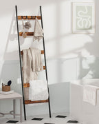 Blanket Ladder, 6-Tier Towel Holder with 4 Removable Hooks, Farmhouse Wall Leaning Decorative Rack Shelf, Wooden Towel Displa