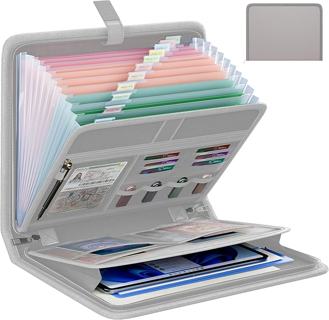 Fireproof Accordion File Organizer, Portable Expanding File Folder with Waterproof Zipper&Labels, Gray Document Organizer wit