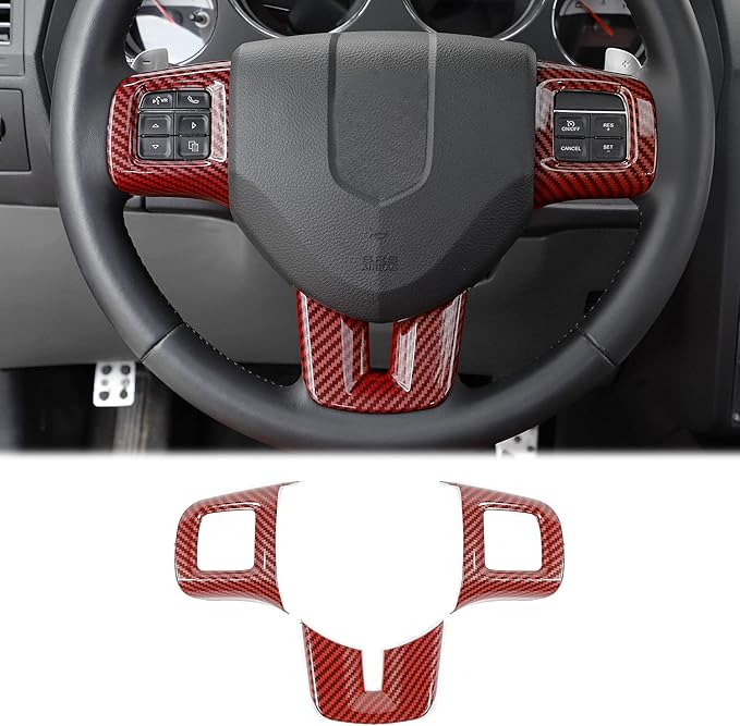 Linskip Steering Wheel Trim Compatible with Dodge Journey 2013-2022 & Charger/Challenger/Durango/Dart 2009-2014, Steering Wheel Cover for Journey Interior Accessories 3Pcs(Red Carbon Fiber)