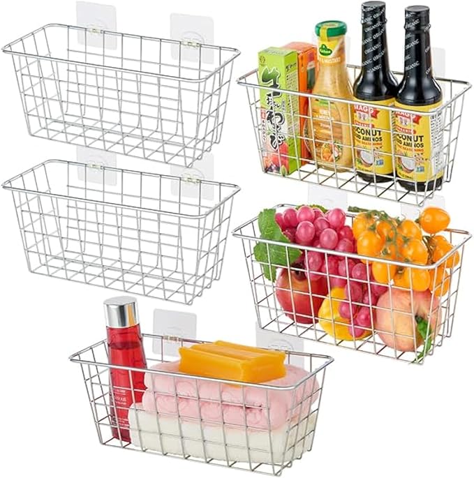 JUNCHU CHERRY 5 Pack Hanging Storage Basket, Bathroom Basket, Household Goods, with Traceless Tape, no Drilling, for Cabinet 