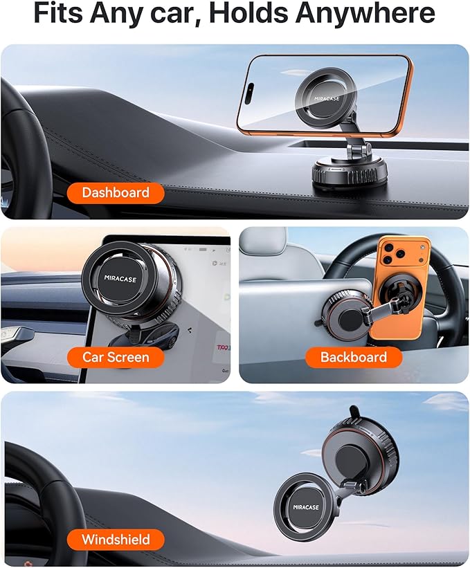 Miracase for MagSafe Car Mount [3600gf Strong Magnet & 89+LBS Suction Base] Vacuum Magnetic Phone Holders for Your Car, 360° Adjustable Dashboard & Windshield Mount for iPhone 17-12 Pro Max Plus Air