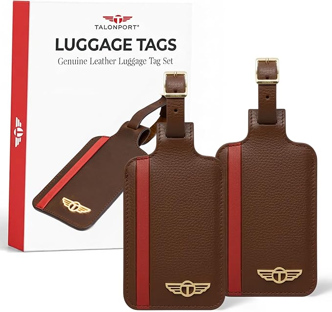 Genuine Leather Luggage Tag with Privacy Flap Set for Men Women Travel Easy with Suitcase Tags Identifiers (Brown, 2 Pack)