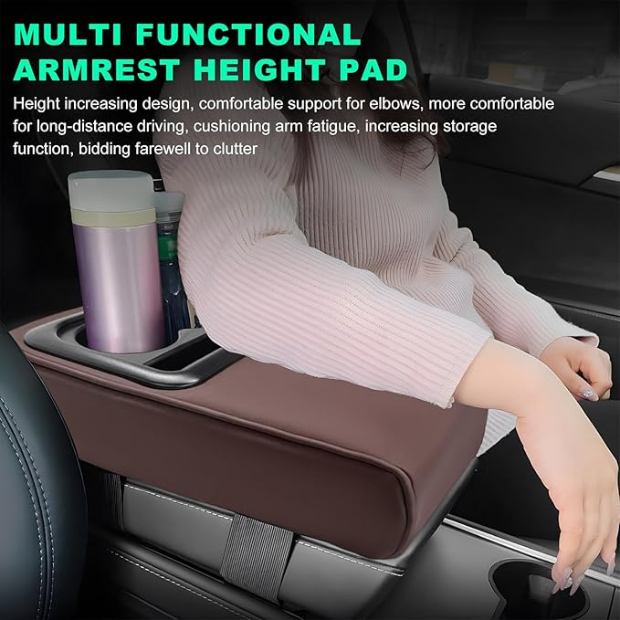 Car Center Console Armrest Pillow, Memory Foam Auto Armrest Box Cover with Cup Holder & Phone Holder, Waterproof Leather Arm Rest Protector Cushion, Interior Car Accessories (Coffee)