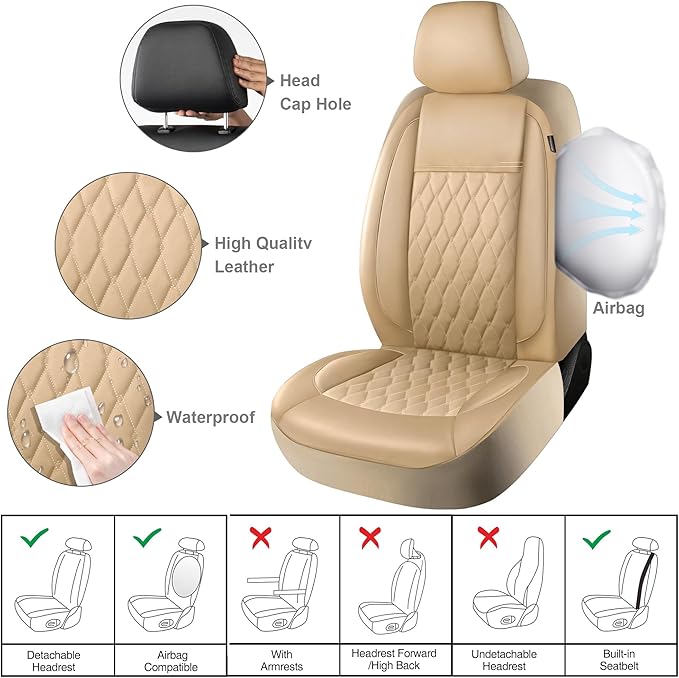 CAROMOP Faux Leather Car Seat Covers 2 Front Set,Luxury and Comfortable Seat Covers for Cars, Airbag Compatible Car Interior 