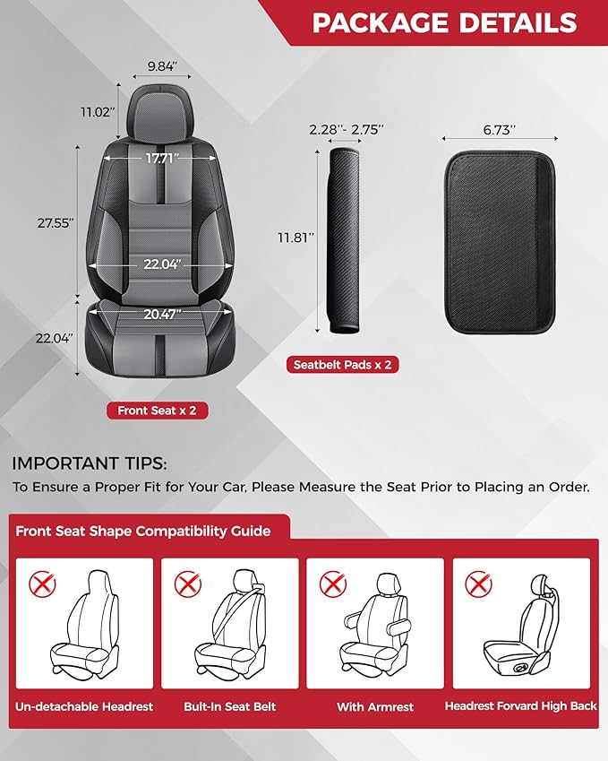 FREESOO Black Gray Front Car Seat Covers - Faux Nappa Leather Seat Covers for Cars, with Carbon Fiber Texture Seatbelt Pads, 