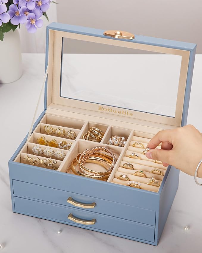 Enthralite Jewelry Box with 2 Drawers: Jewelry Display Organizer for Earrings Necklaces - Gifts for Girls Women (Grey Blue)