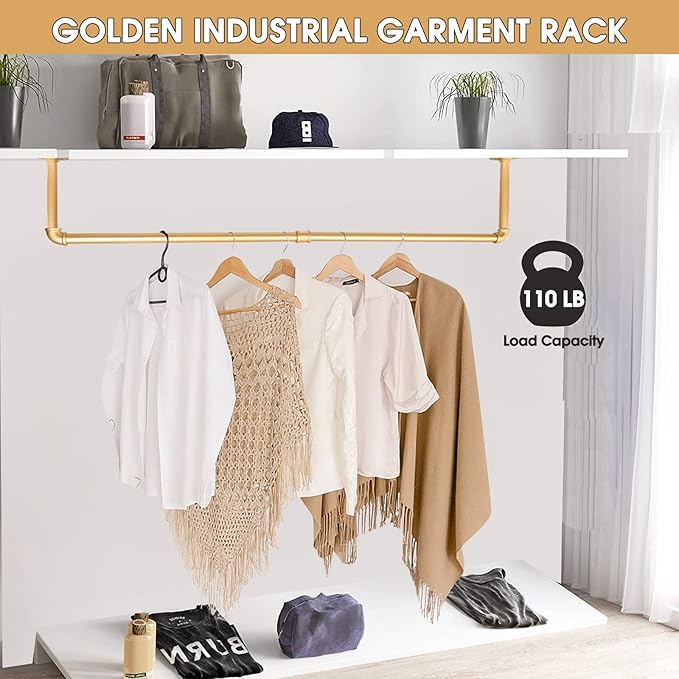 Gold Wall Mount Iaundry Drying Rack - 54" Pipe Garment Rack, Portable Heavy Duty Iron Closet Hanger Rod, Modern Metal Detacha