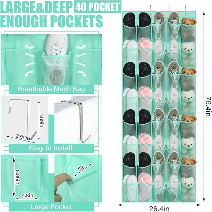 Windyun 40 over the Door Shoe Organizer Large Mesh Pocket Hanging Shoe Rack for Closet Turquoise Nonslip Behind Door Storage 