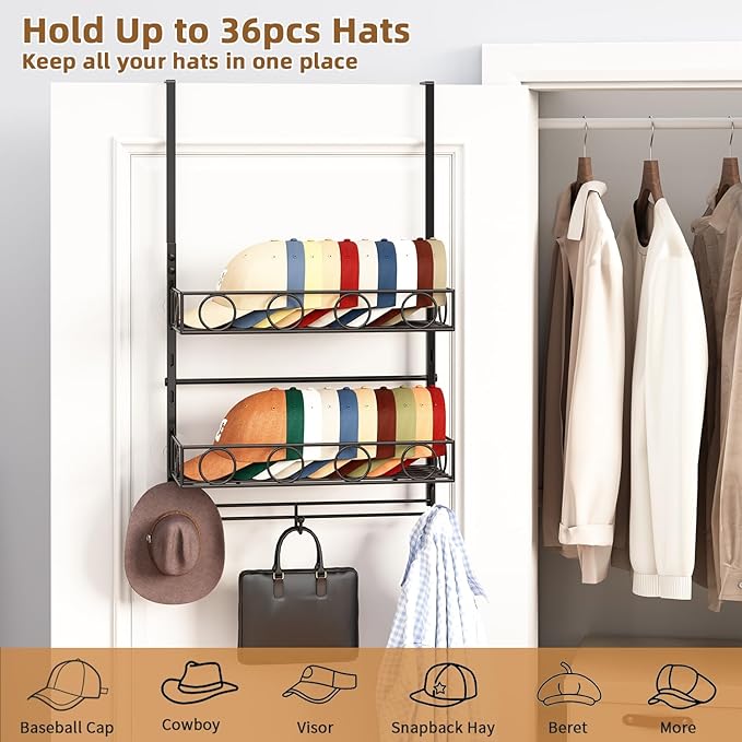Over Door Hat Organizer 3 Tier Wall Mounted Hat Rack with 2 Adjustable Metal Basket and 3 Hooks Hat Organizer for Baseball ca