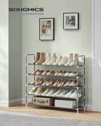 SONGMICS 5-Tier Shoe Rack, Shoe Storage for Hallway Closet, Slim and Space-Saving, Metal Frame, Non-Woven Fabric Shelves, Gre