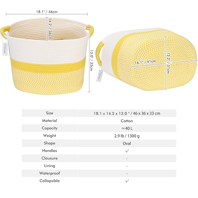 Hinwo Oval Cotton Rope Storage Basket Collapsible Nursery Storage Box Container Organizer with Handles, 16 x 13 inches, Off W