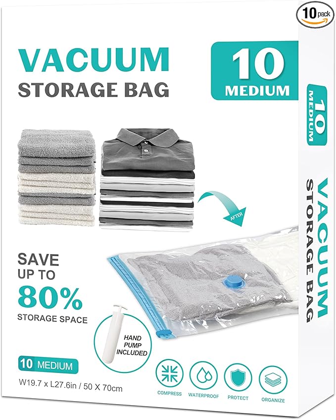 10 Pack Medium Vacuum Storage Bags Seal Bags for Bedding Clothing Compression Bags for Travel Blankets and Comforters Hand Pu