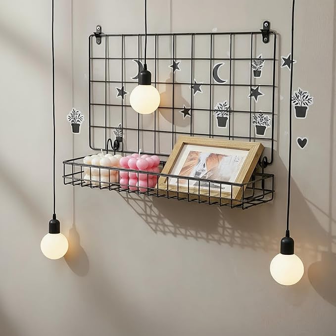 4 Pcs 15.75 x 3.94 x 1.97 Inch Black Metal Grid Wall Hanging Basket, Wire Storage Organizer Baskets with Hooks for Kitchen, B