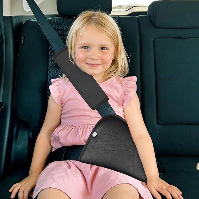 Kids Seat Belt Cover Pads, Universal Seat Belt Adjuster for Kids, HNHUAMING Kid's Shoulder & Belly Protective Padding for Travel, Soft Breathable Car Seat Straps Pads for Children, Black