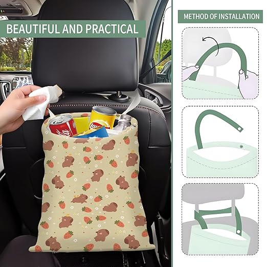 Cute Car Trash Can, Hanging Canvas Car Back Seat Organizer and Storage Bag, Funny Car Trash Bag For Travelling, Outdoor Cute Bear Strawberry