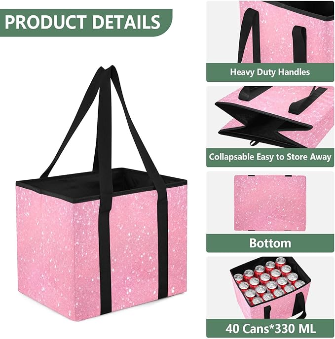 Glitter Blush Pink Reusable Grocery Bags Large Shopping Tote Bag with Reinforced Bottom Board, Water Resistant Foldable Stora