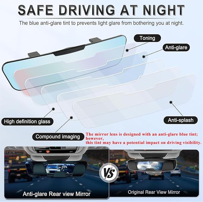 LivTee Anti Glare Rear View Mirror, Universal 12'' (305mm), Wide Angle Panoramic Convex Rearview Mirror, Clip-on to Original to Eliminate Blind Spot and Antiglare for Cars SUV Trucks