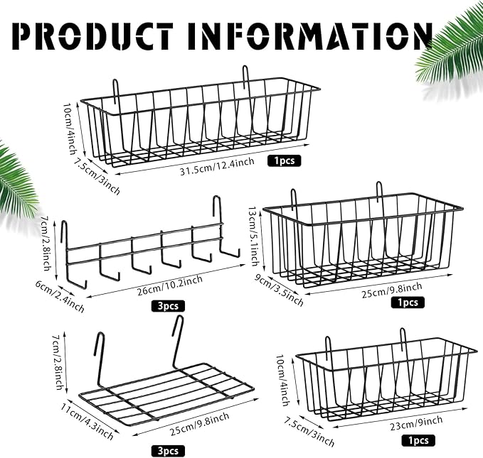 Fumete 9 Pcs Wall Grid Hanging Basket Shelf Hooks Set Includes 3 Basket 3 Wire Straight Shelf and 3 Hooks for Storage Display
