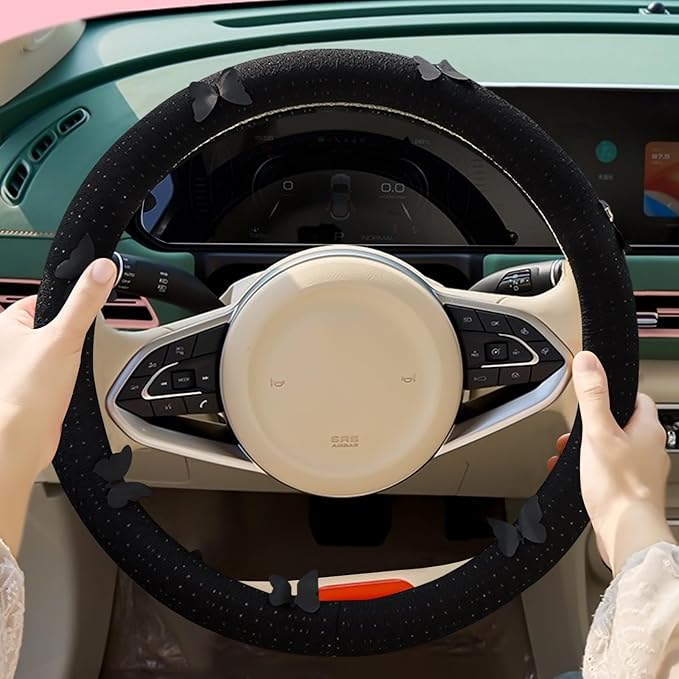 Butterfly Embroidery Steering Wheel Cover, Cute Mesh Fabric Steering Wheel Cover for Women, 14.5-15 Inch Non-Slip Breathable 