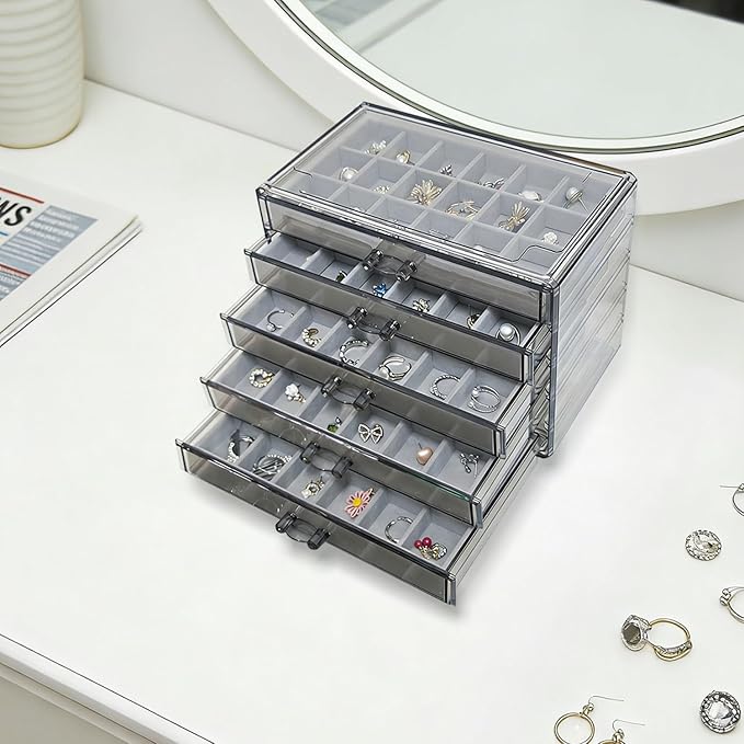 Acrylic Earring Holder Organizer with 5 Drawers Clear Earring Organizer Box with 90 Adjustable Grids Velvet Earring Display C