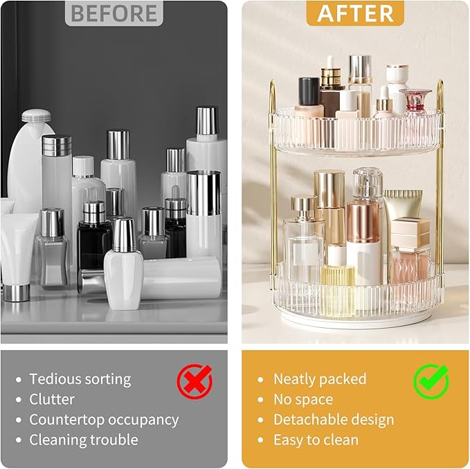 Oifecsie 360° Rotating Makeup Organizer, Large Capacity SkinCare Organizer, 2 Tier Cosmetic Skin Care Perfume Dresser Organiz
